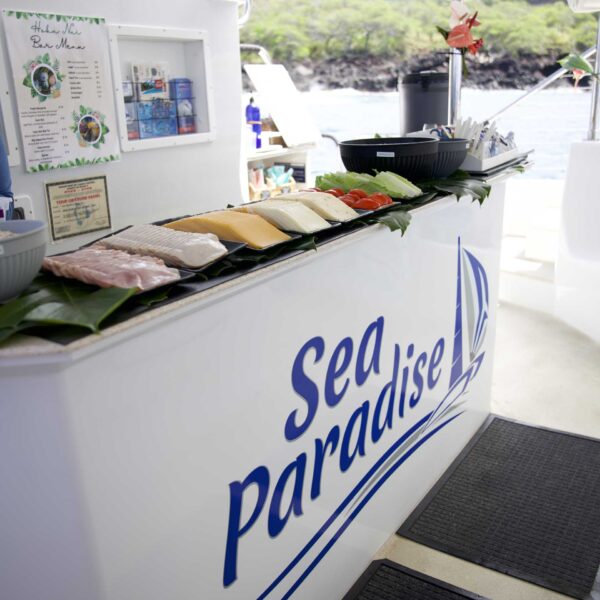 Fresh food included on Hoku Nui snorkel tours Kona and manta ray tours — Sea Paradise sandwich bar, Keauhou Bay, seaparadise.com