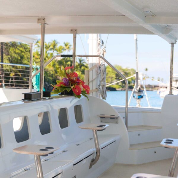 Hoku Nui onboard seating — relax in comfort on snorkel tours Kona and manta ray tours, sailing Kona coast, Sea Paradise seaparadise.com