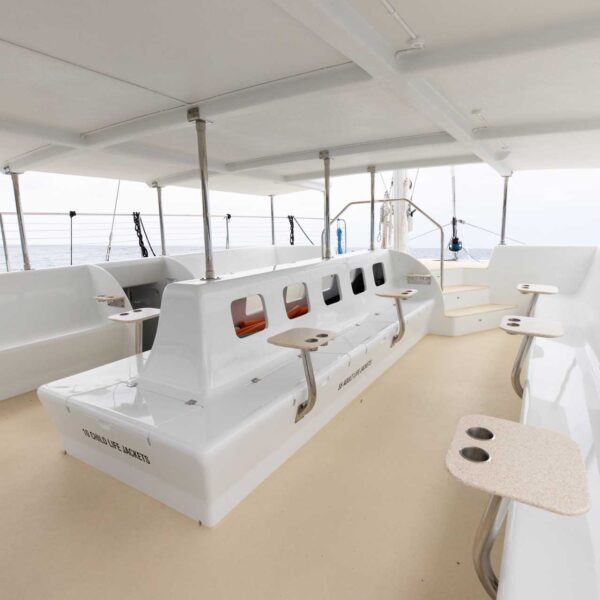 Hoku Nui spacious deck seating — comfortable seating on snorkel tours Kona and manta ray tours, sailing Kona coast, Sea Paradise seaparadise.com